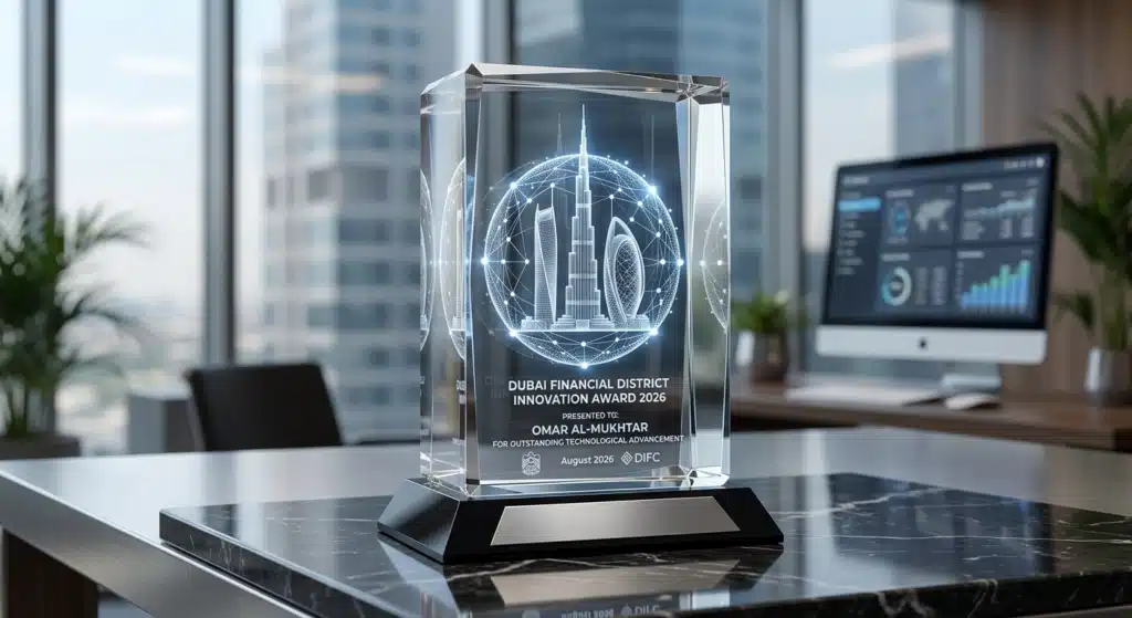 Crystal Dubai Financial District Innovation Award 2026 trophy featuring Dubai skyline and Burj Khalifa design