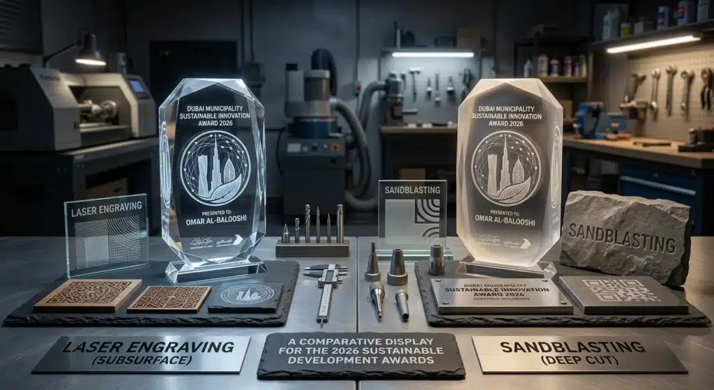Laser engraving and sandblasting comparison on custom crystal awards