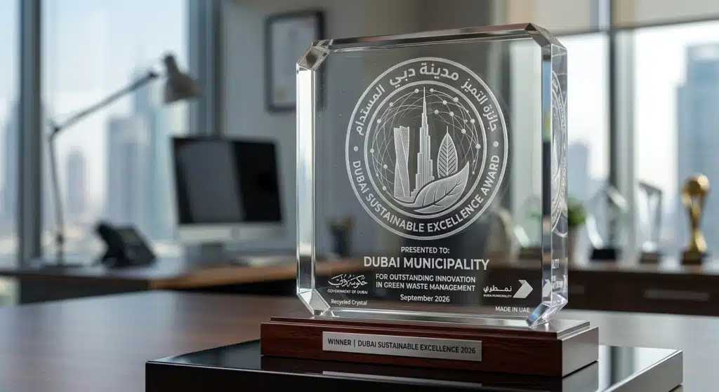 Custom crystal award with Dubai sustainability excellence design