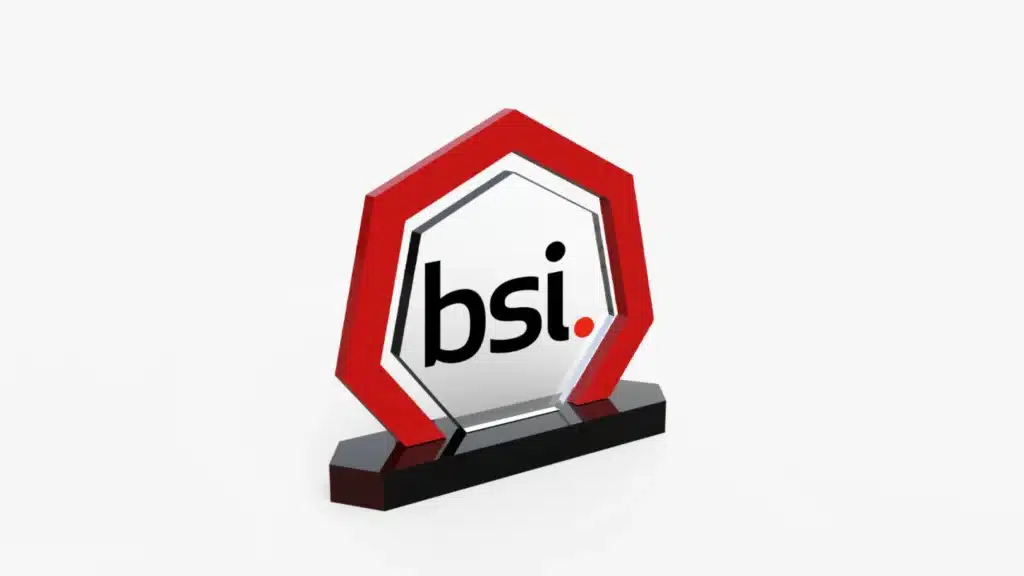 Custom red and clear crystal BSI award trophy with a black base