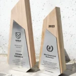 customized wooden trophy with silver metal