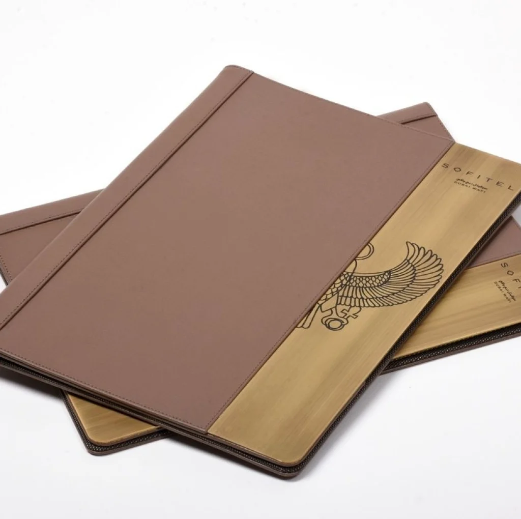 Brown Leather Folder with Wooden Patch and Deep Engraving for Luxury Corporate Gifts and Document Presentation by Marseilia Gifts in Dubai UAE